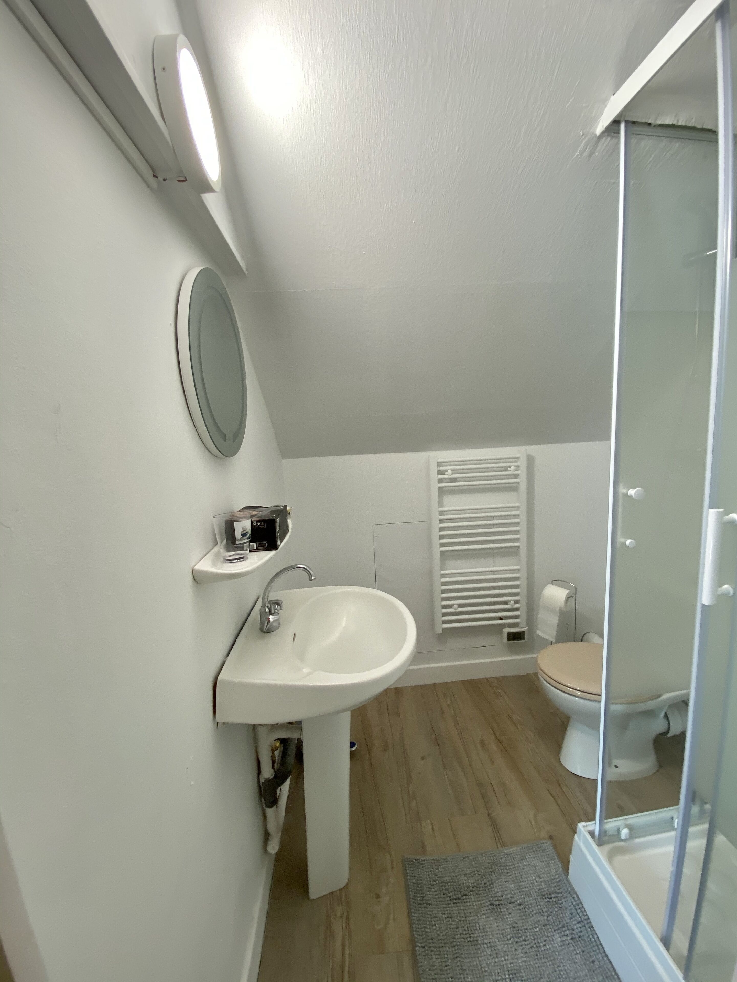 A modern bathroom with a sink, toilet, and glass shower enclosure.