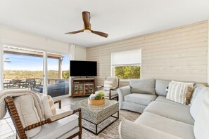 Smart TV, chimenea, reproductor de DVD y libros