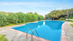 Piscina retangular com borda de pedra e escada de metal, rodeada por vegetação exuberante e árvores.