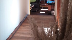 A hallway with a wooden floor, a map on the wall, a sofa, and a dining area with a table and chairs.