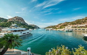 Una marina con un grande yacht ormeggiato, circondata da acque calme e vegetazione.