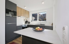 Fridge, stovetop, dishwasher, coffee/tea maker