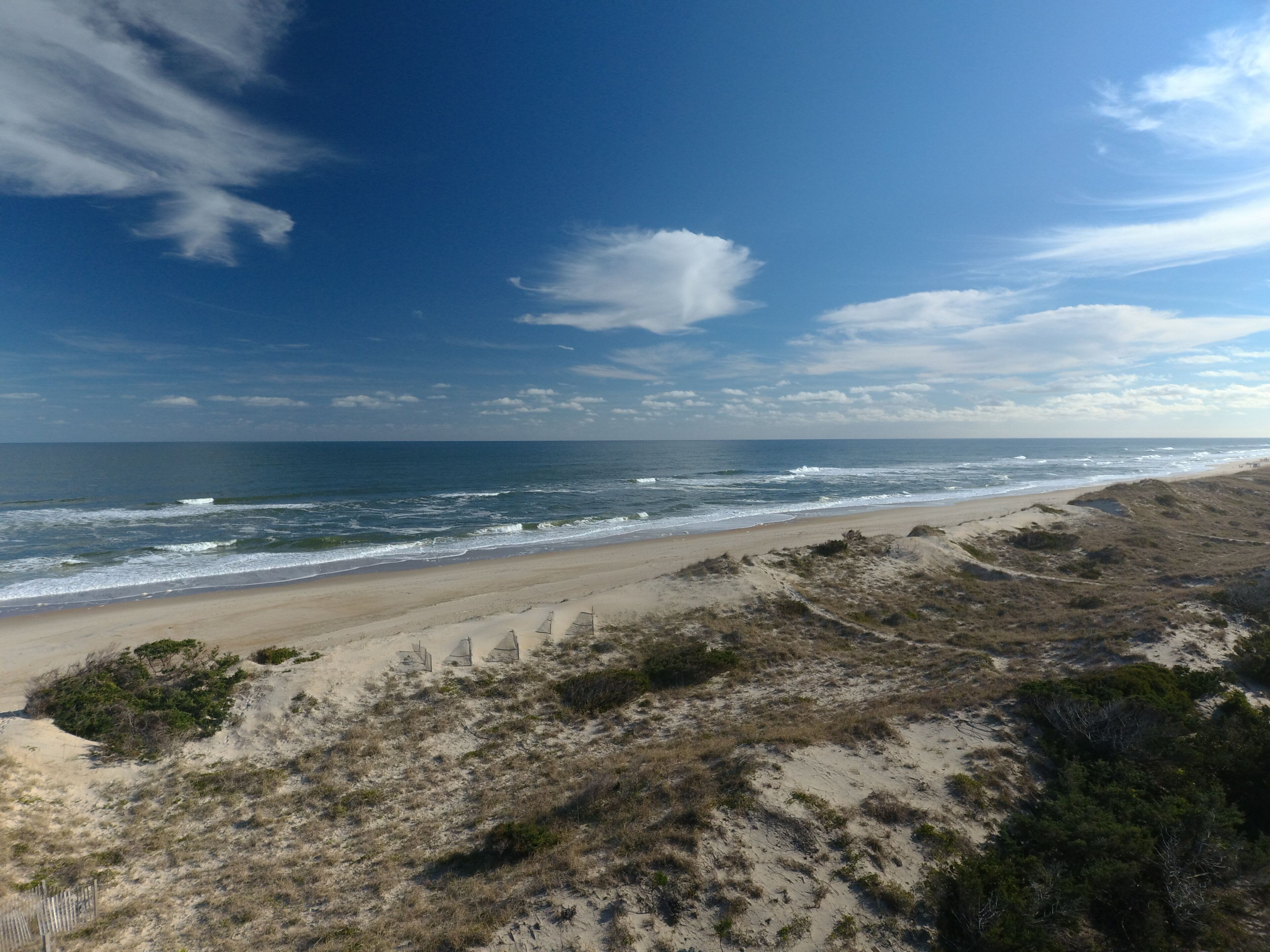 A beach with sandy dunes and sparse vegetation.