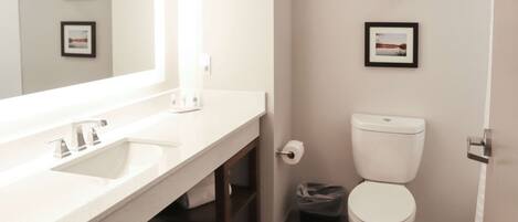 Une salle de bain moderne avec un lavabo blanc, un miroir et des toilettes. Des tableaux encadrés ornent le mur et une poubelle se trouve sous le lavabo.