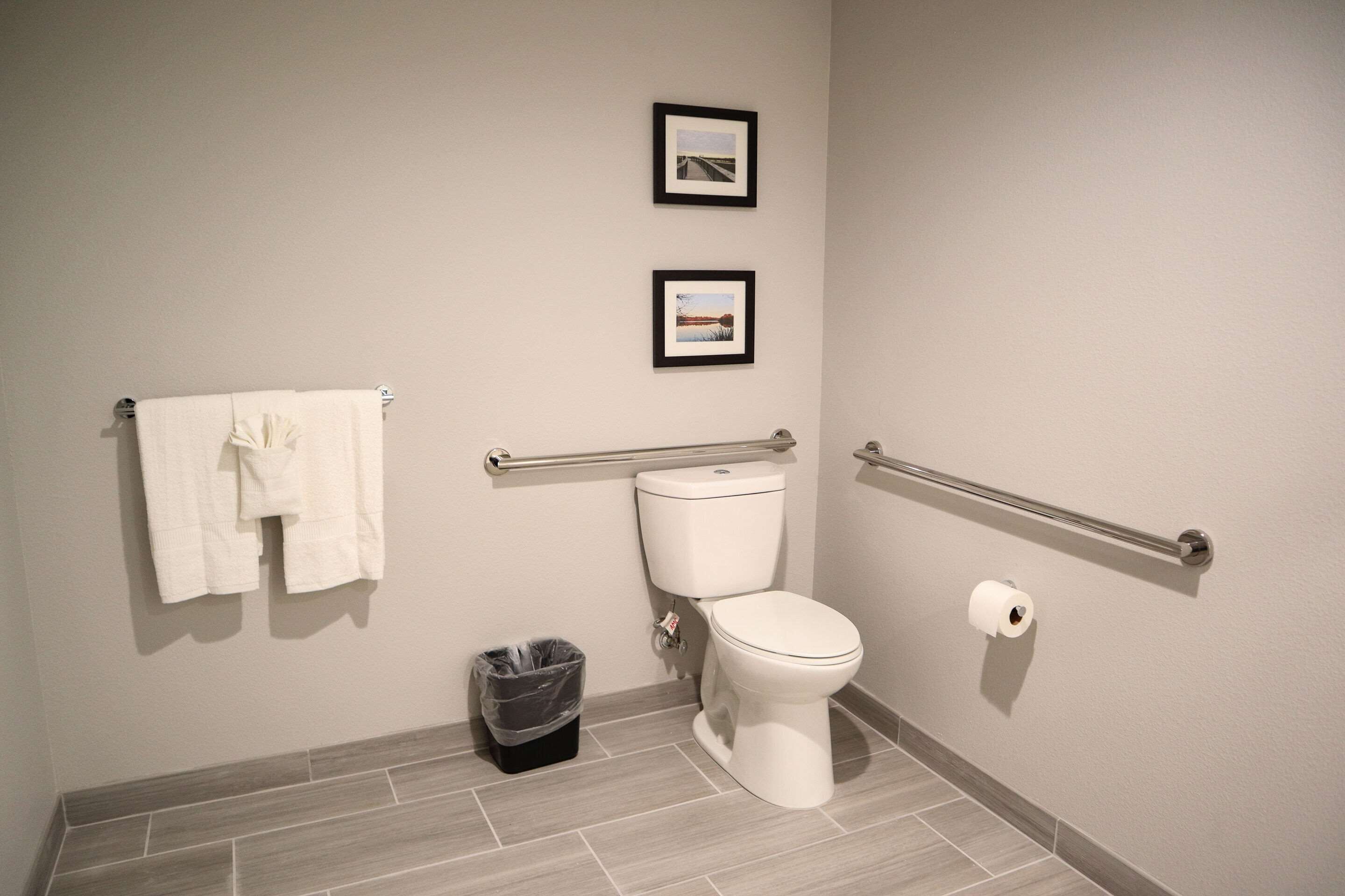 Ein Badezimmer mit Toilette, einem Mülleimer, einem Handtuchhalter mit Handtüchern und zwei gerahmten Bildern an der Wand.