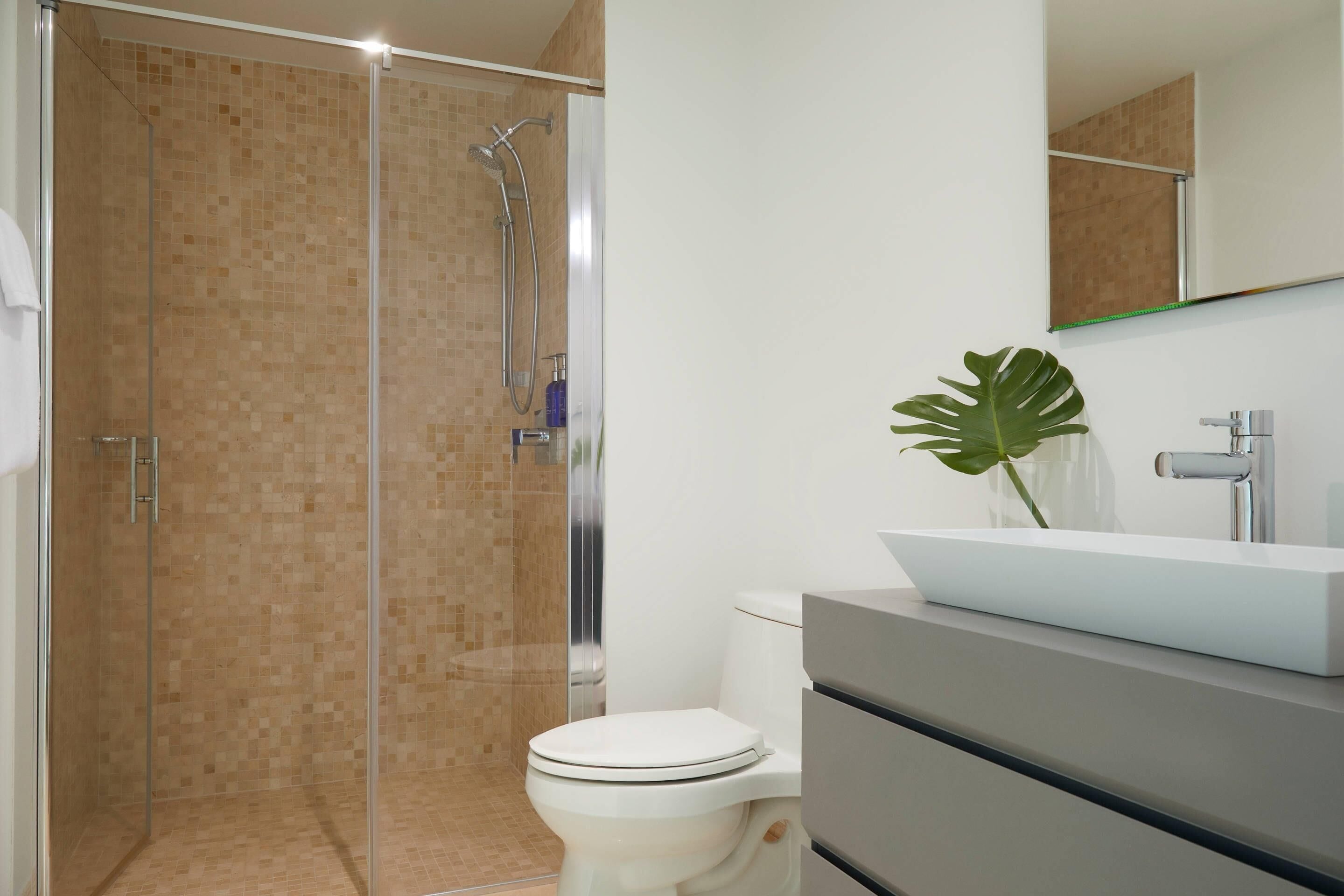 Un bany modern amb dutxa d'ús de vidre, un vàter blanc i un mirall gran sobre un lavabo blanc.