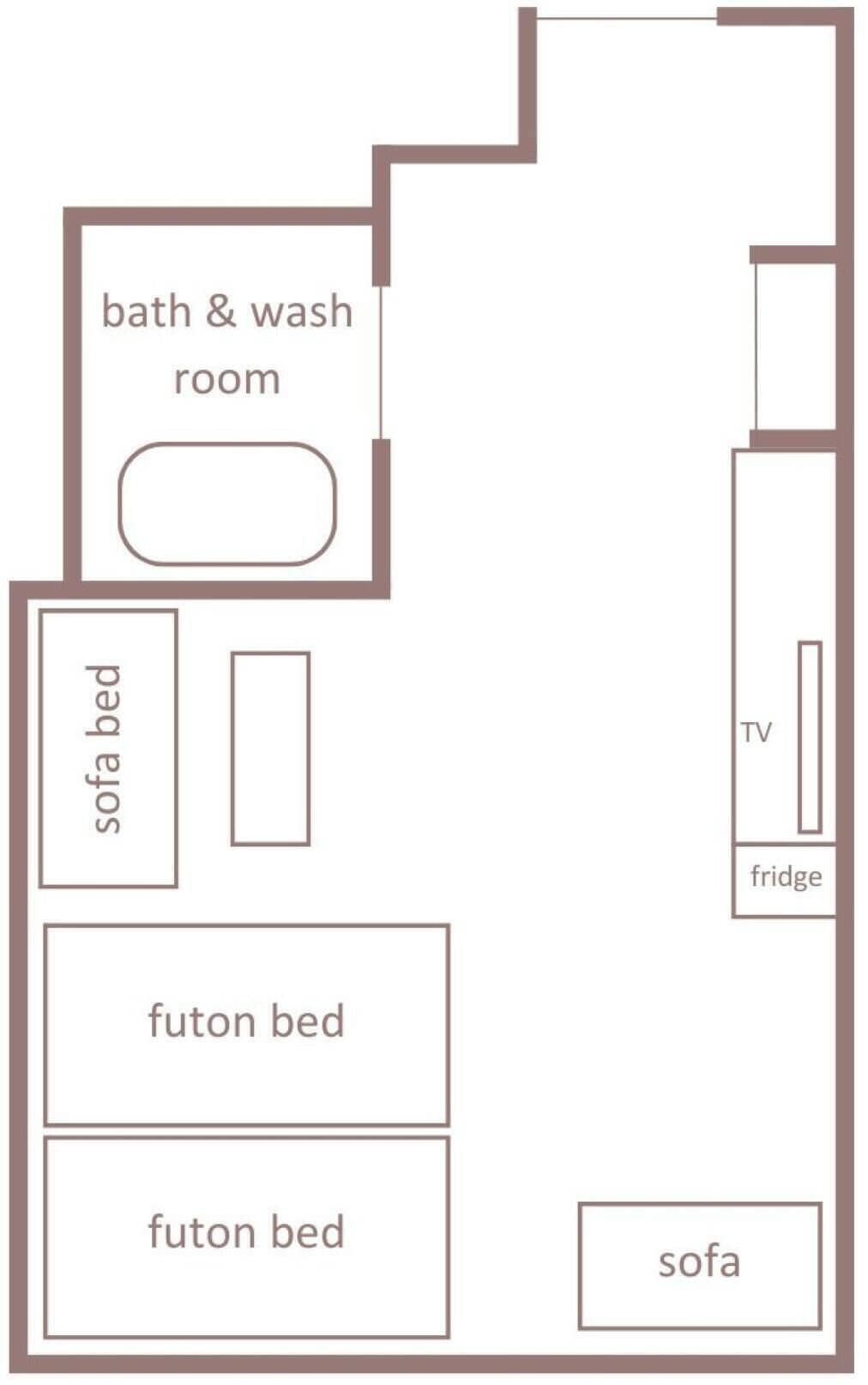 A floor plan with a futon bed, sofa bed, futon bed, sofa, TV, fridge, and a bathroom & wash room.