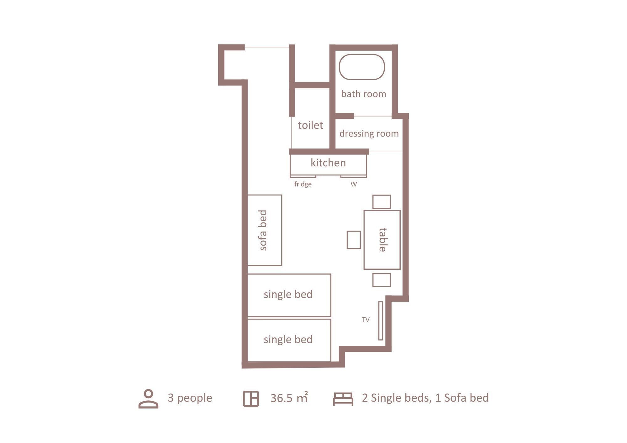 Indeling van een kamer van 36,5 m² met 2 enkele bedden, 1 slaapbank, een keuken, een eethoek, een televisie, een tafel, een koelkast, een kleedruimte, een badkamer en een toilet.