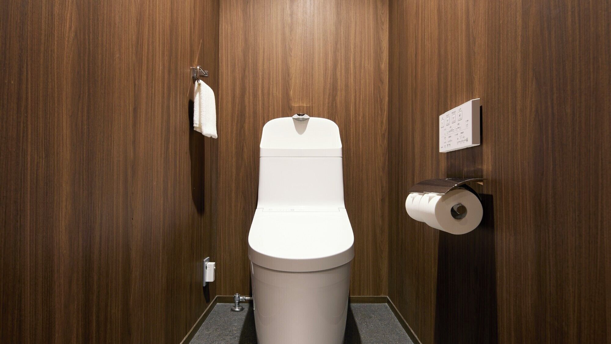 Une salle de bain moderne avec des toilettes, une serviette suspendue à un crochet et un porte-rouleau de papier toilette.