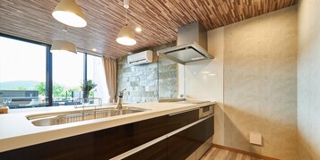 Fridge, microwave, stovetop, espresso maker