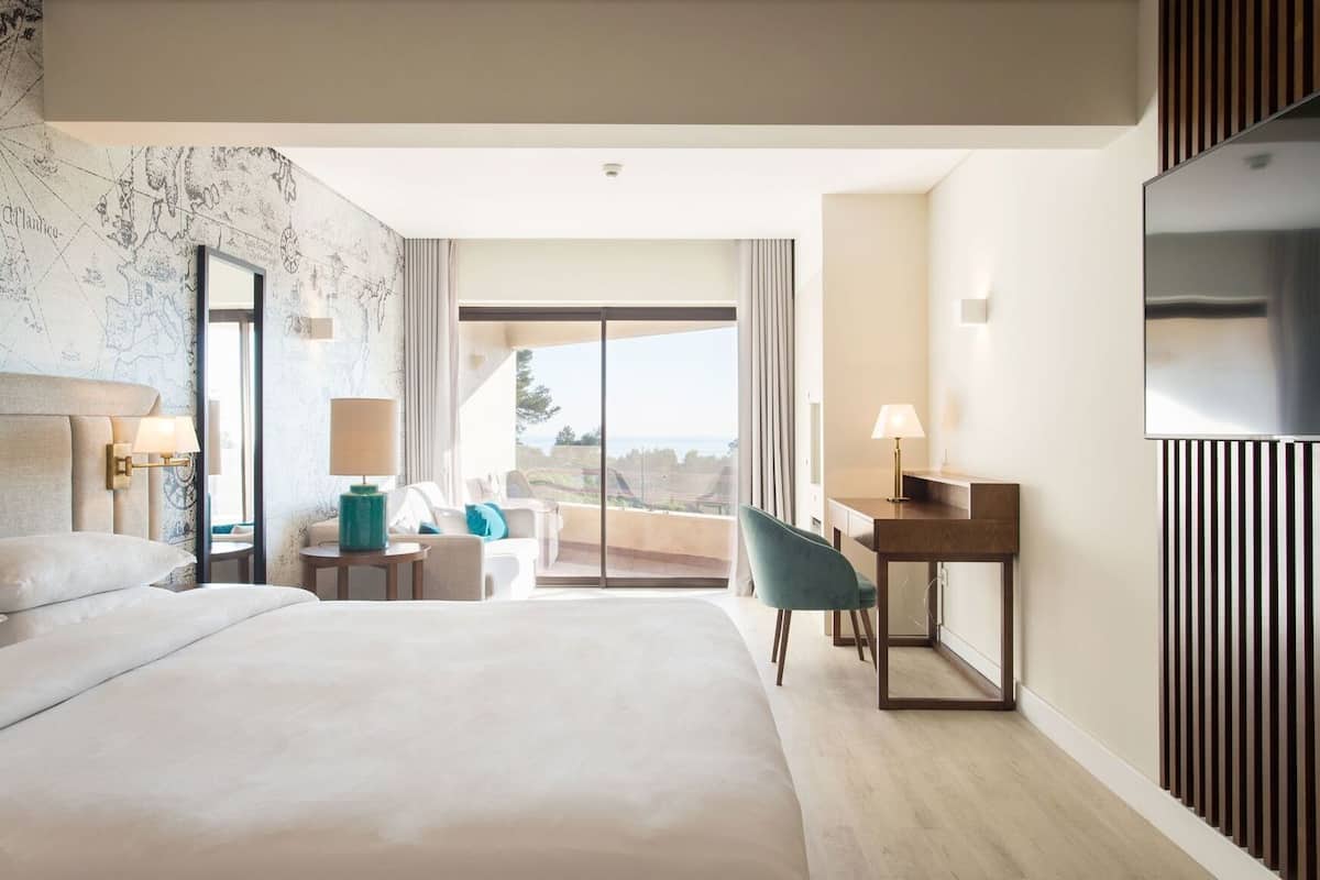 A hotel room with a large bed, a desk, a chair, a TV, and a view of the outdoors.