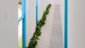 A hallway with blue-framed windows, a patterned carpet, and hanging pendant lights. - To Vo Hue Hostel (Hue)