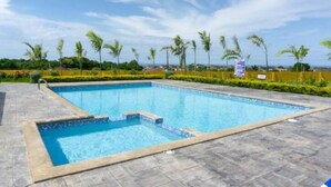 Una piscina rectangular con solárium empinado, rodeada de palmeras y follaje.