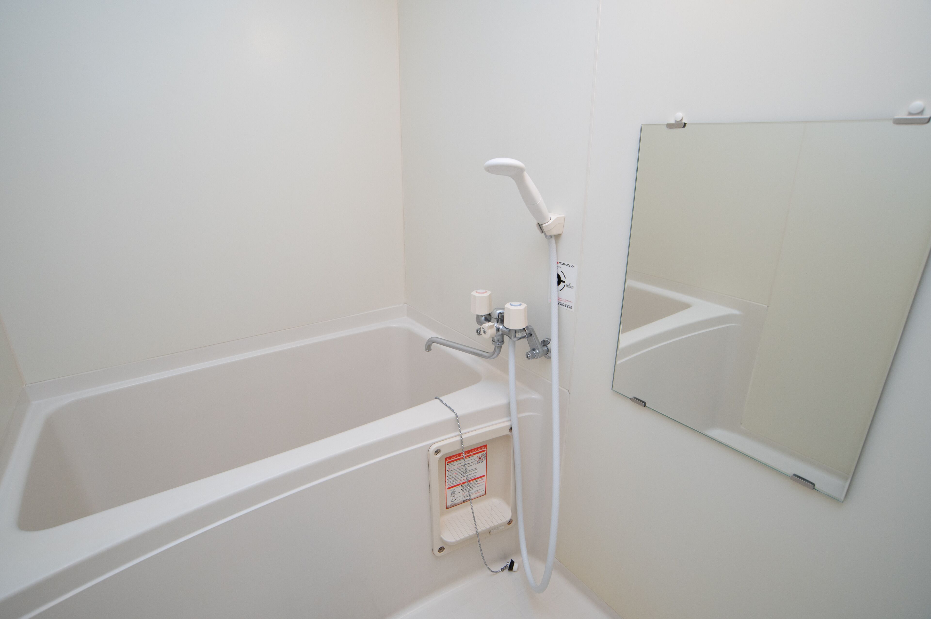 A white bathtub with a handheld showerhead and a wall-mounted mirror.