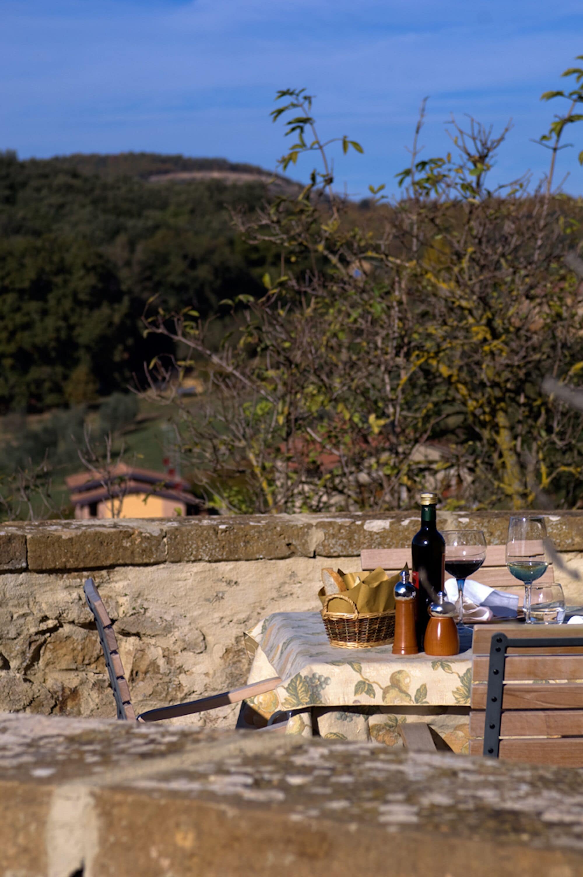 A table set outdoors with a bottle and wine glass, overlooking a hillside.
