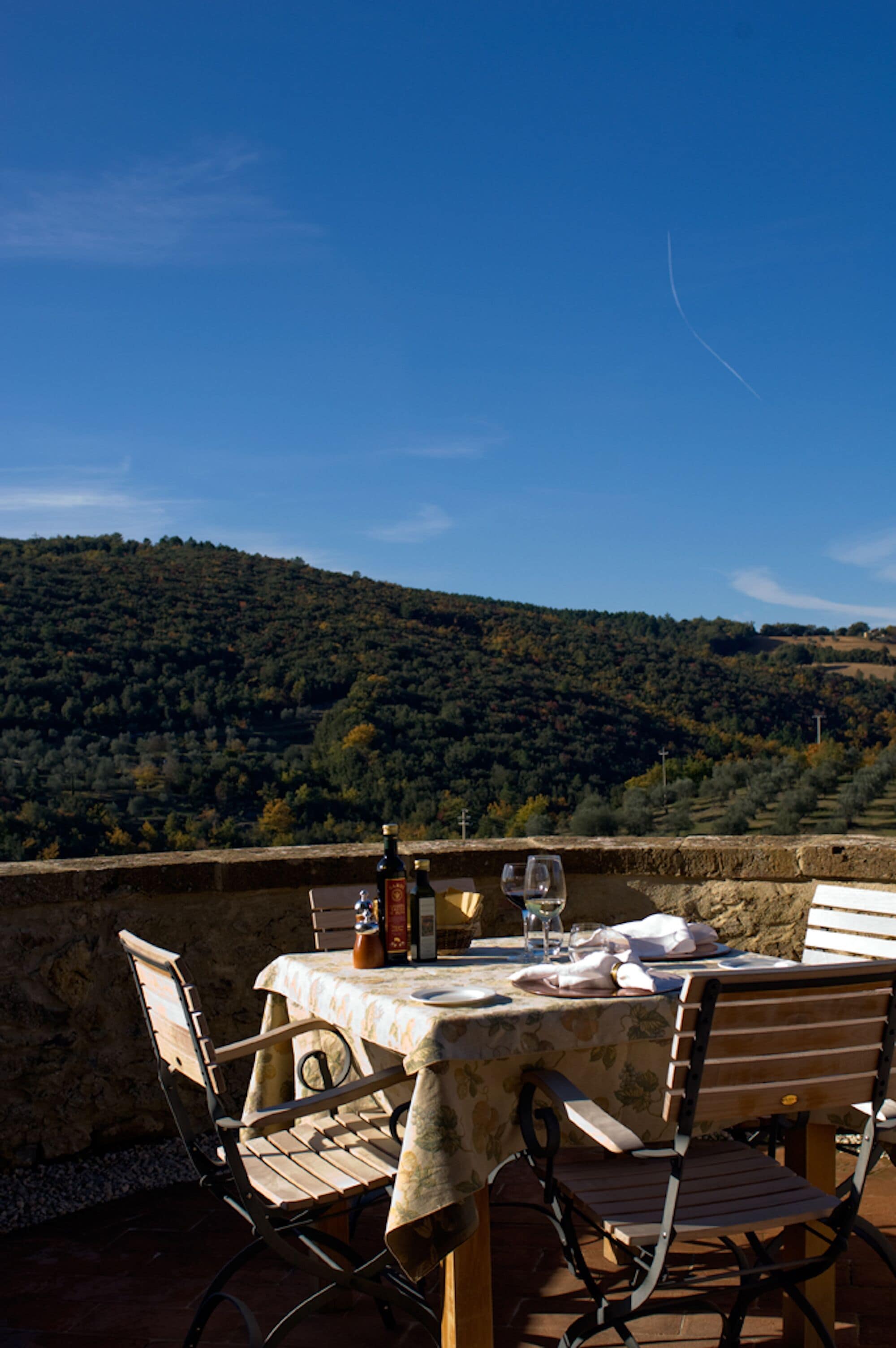 A table set outdoors with a view of a forested hill.
