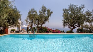 A clear blue pool with a ladder, surrounded by trees and a view of the sea. - Villa Marianna Like Paradise in Amalfi Coast!!! (Massa Lubrense)