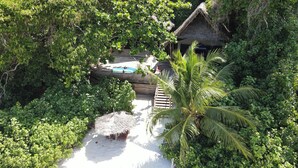 A thatched-roof bungalow with a pool, surrounded by dense tropical foliage. - Fundu Lagoon (Pemba Island)