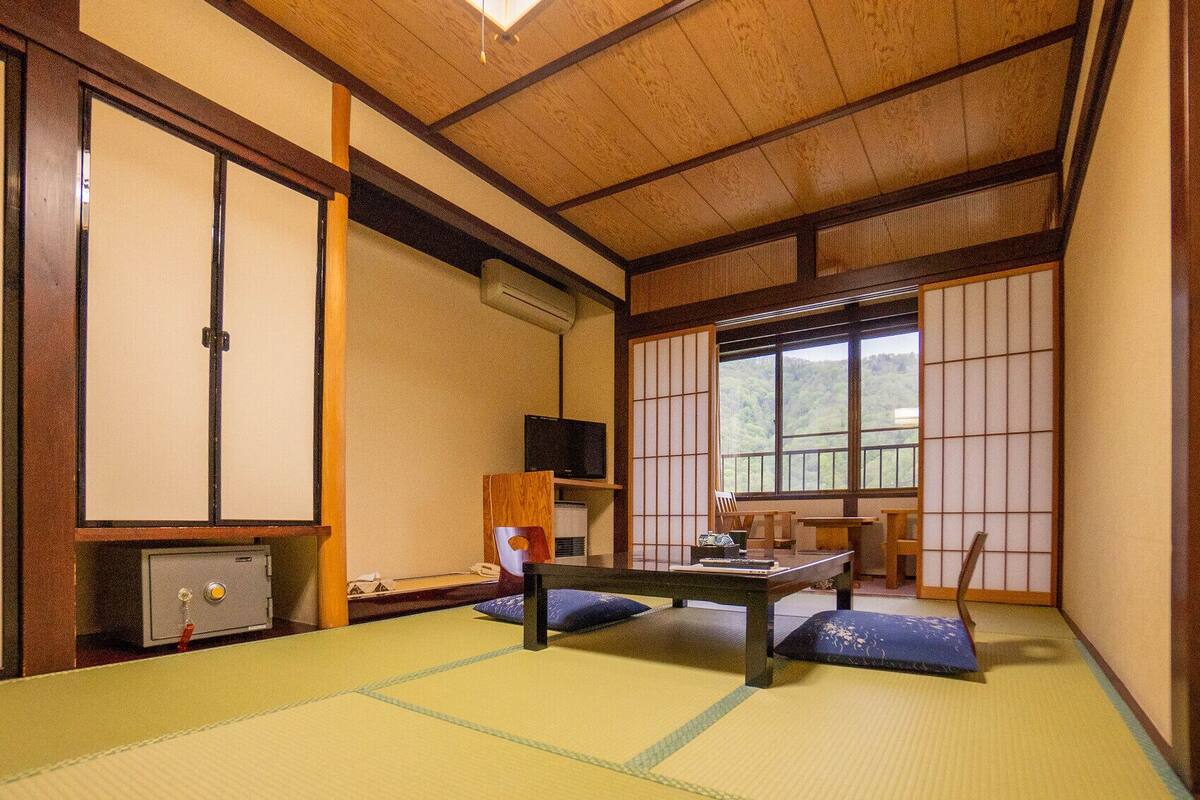 A tatami mat room with a futon bed, sliding doors, a television, and a view of the outdoors.