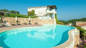 A swimming pool with lounge chairs and umbrellas, a stone wall, and a building with a sign reading "E. Bianca". - Beautiful apartment in Baja Sardinia (Baja Sardinia)