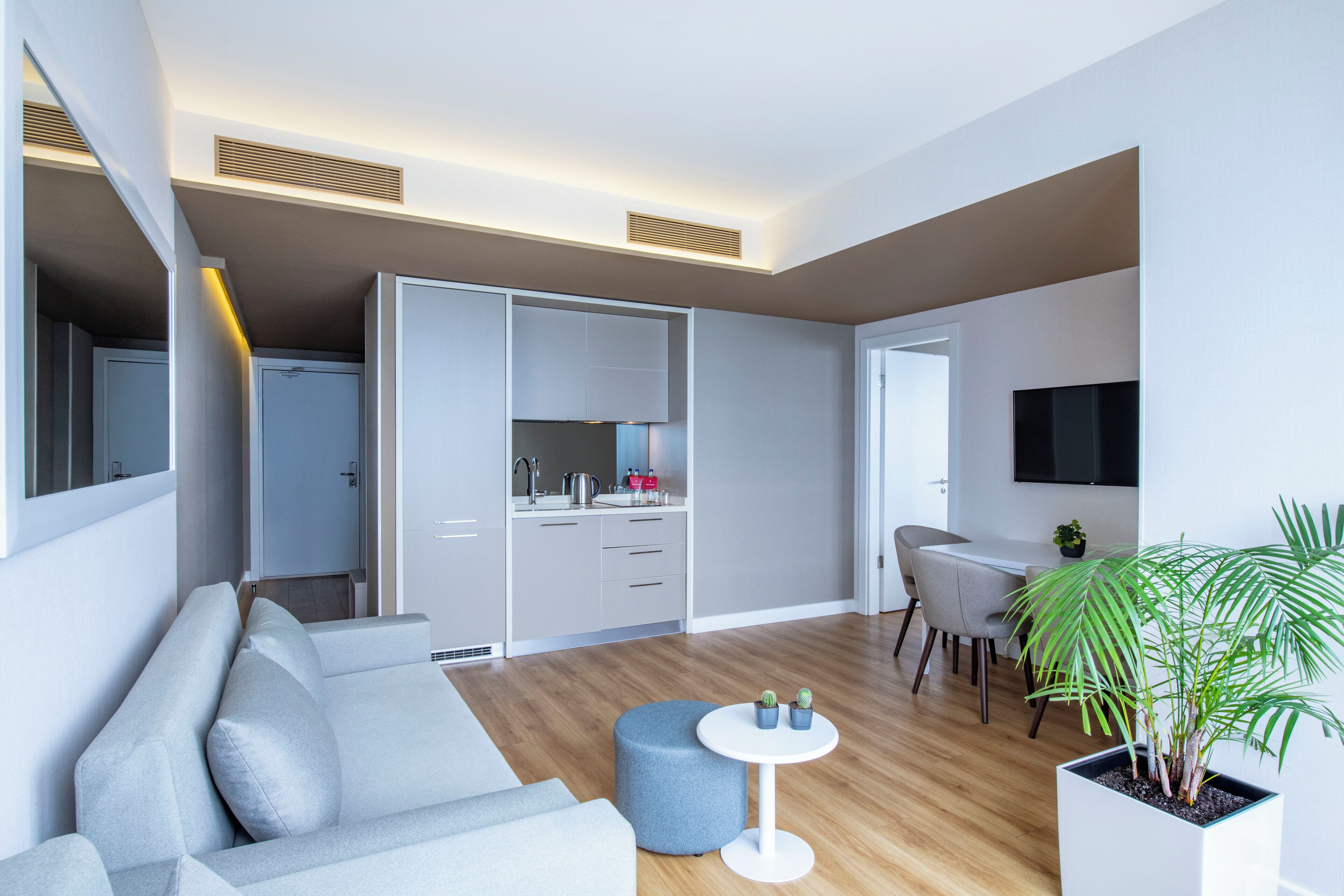 A modern living room with a grey sofa, a round coffee table with two small plants, a dining area with a grey table and chairs, and a kitchen with white cabinets and a built-in TV.