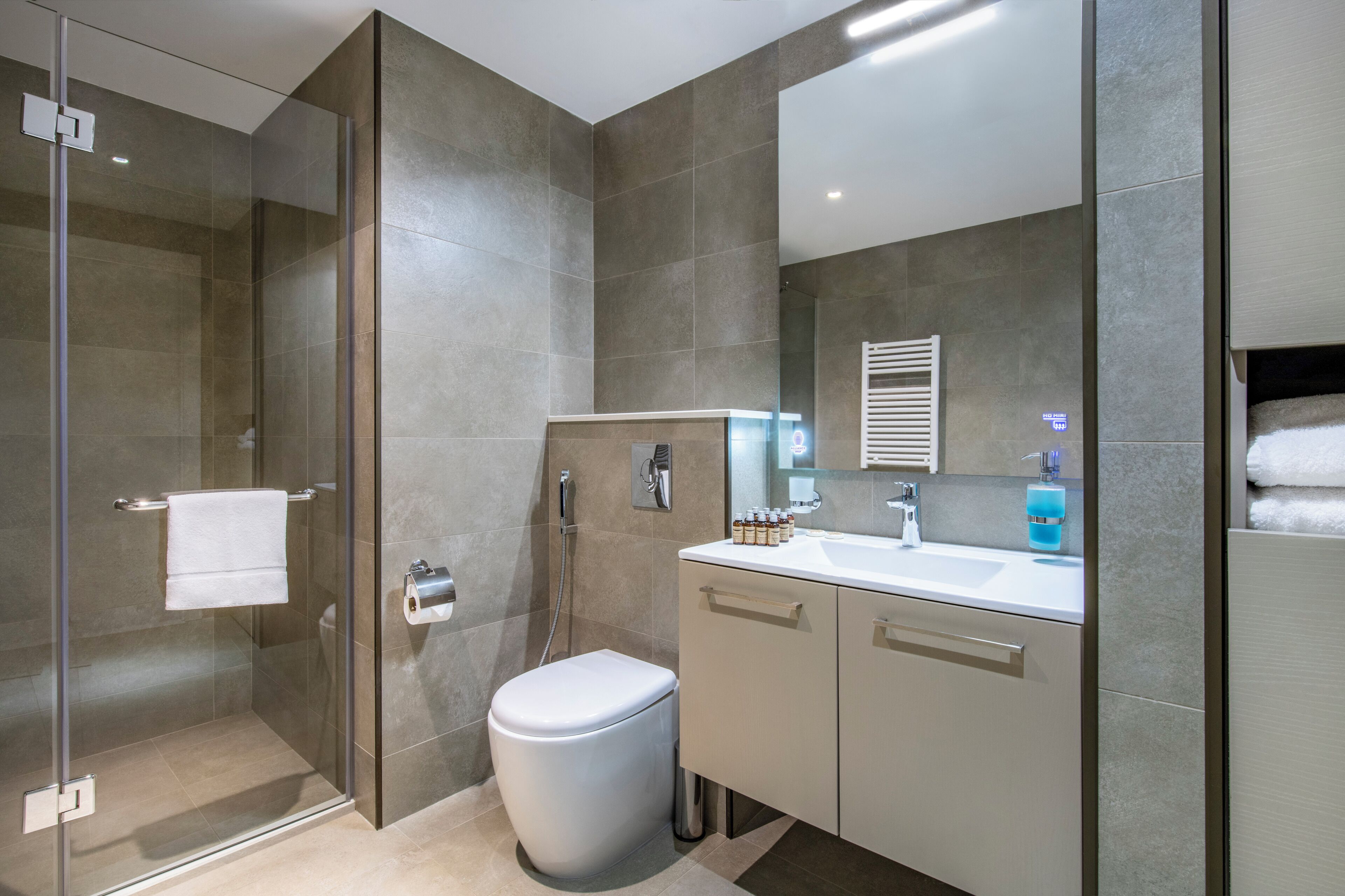 A modern bathroom with a glass shower enclosure, a toilet, a sink with a mirror, and a towel rack.