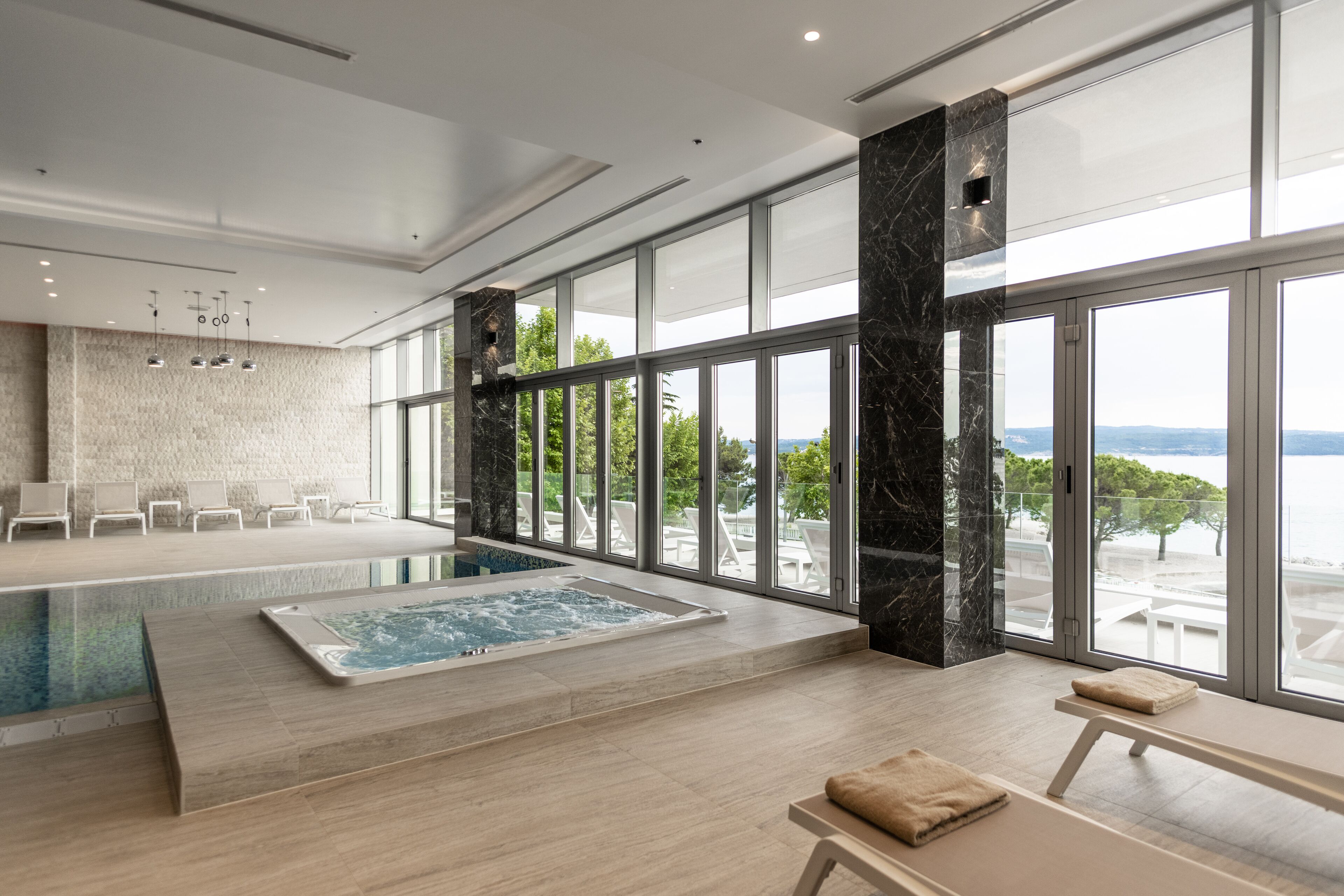 indoor pool, pool loungers