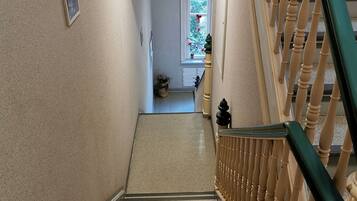 A staircase with a handrail, carpeted steps, and a window with a view of greenery outside.