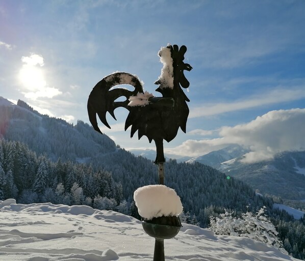 A rooster statue with snow on its head and body, set against a mountainous backdrop with snow-covered trees and a clear sky. - Appartement Mitten in den Bergen - Beiniglhof (Westendorf)