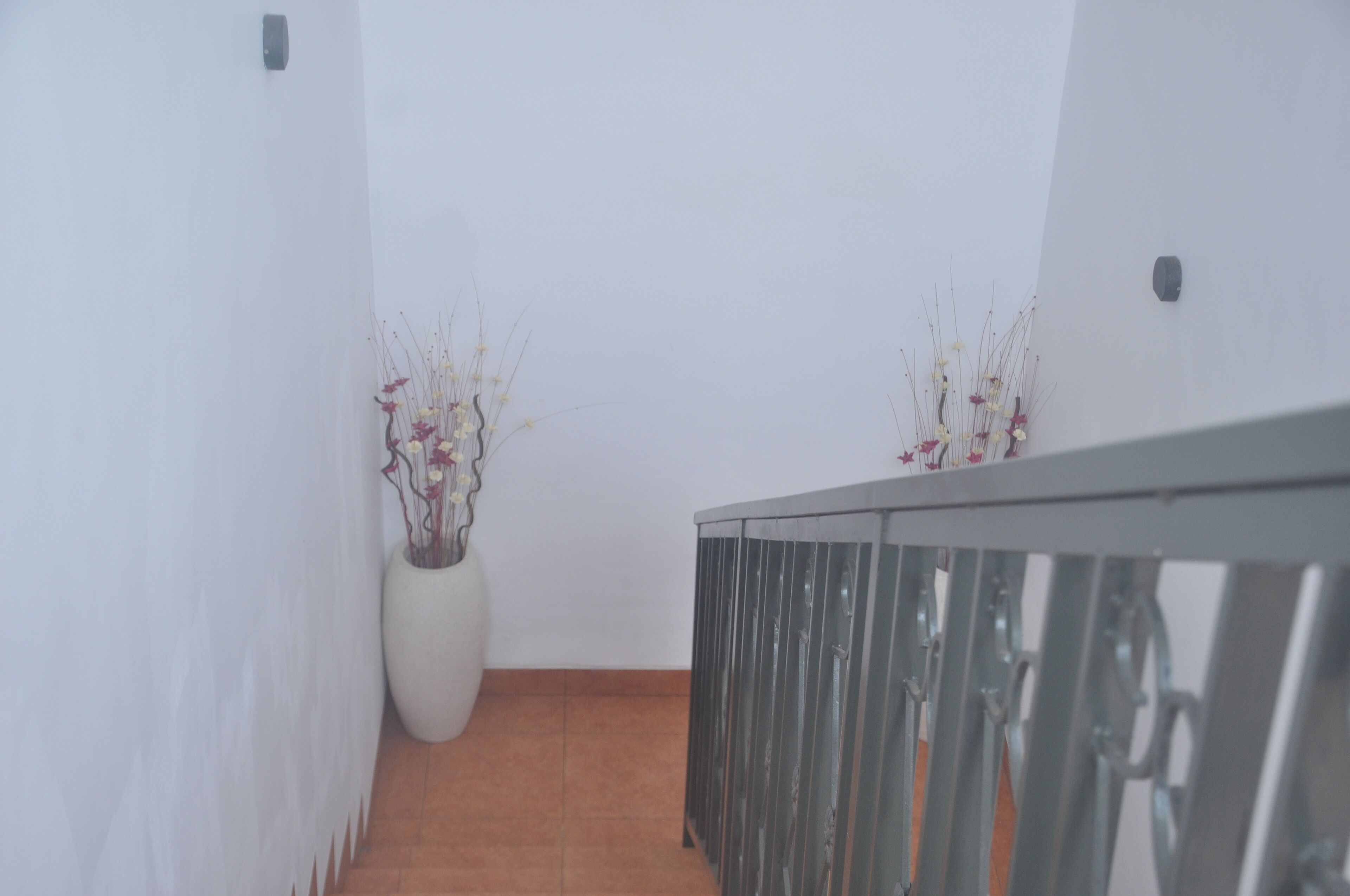 A narrow hallway with white walls and a tiled floor. There are two large white vases with dried flowers on a white pedestal. A metal railing is visible on the right side of the image.