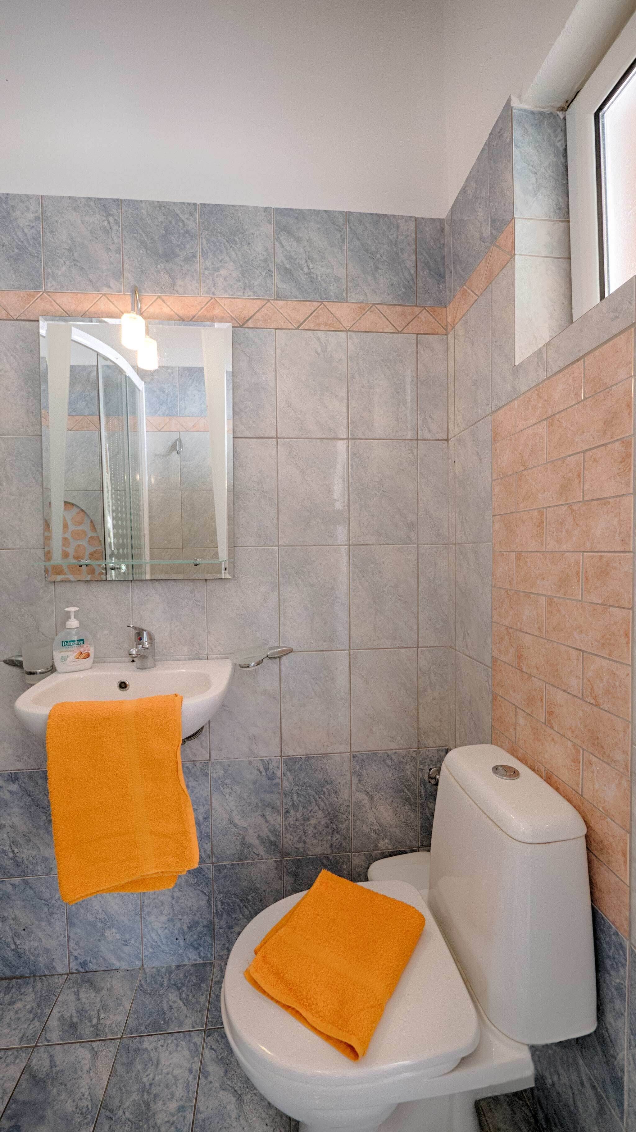 Un baño con inodoro, lavamanos y espejo.