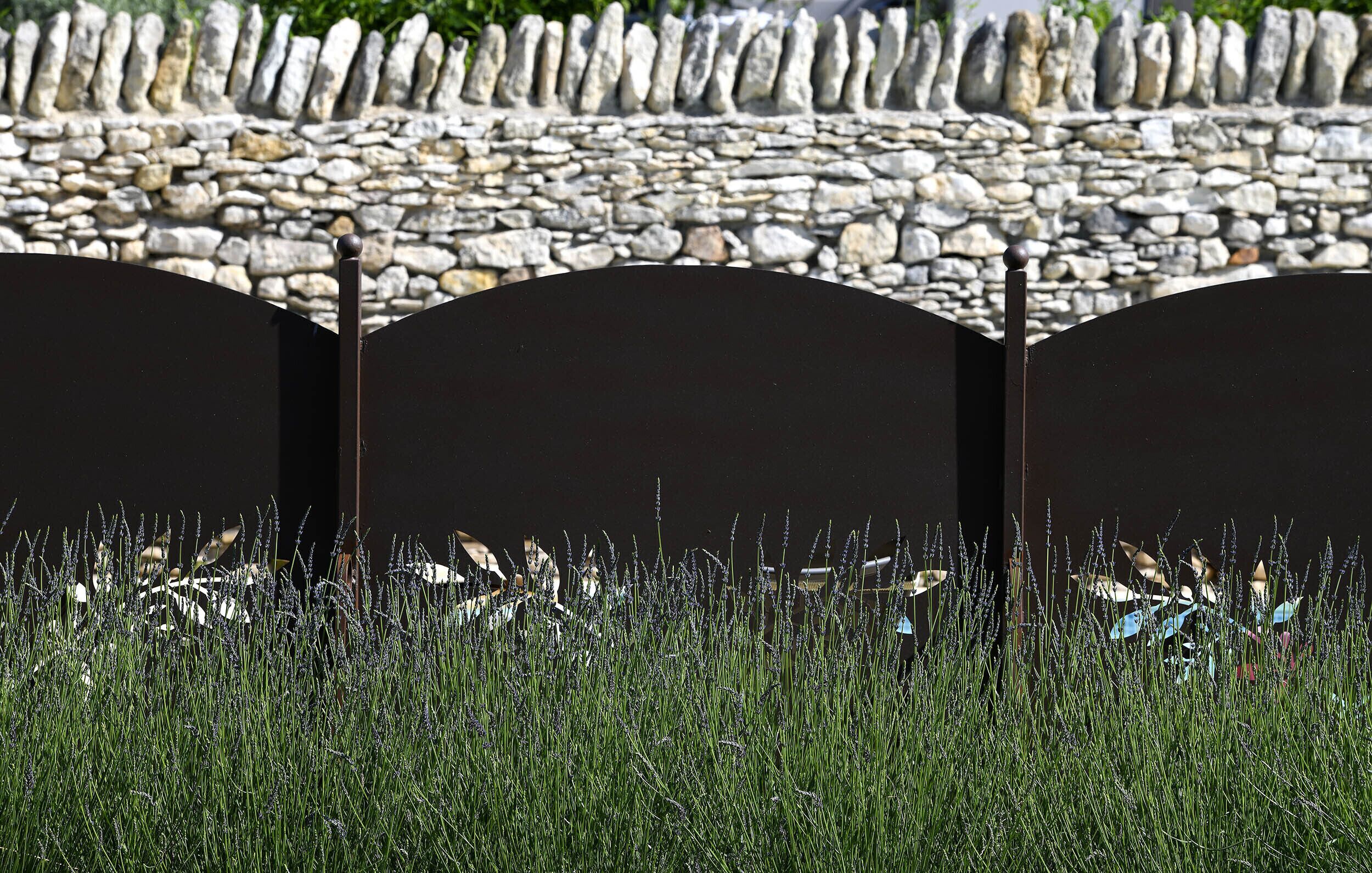 Un giardino con erba alta e un muro di pietra sullo sfondo.