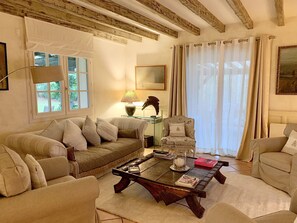 Smart TV, caminetto, libri, studio