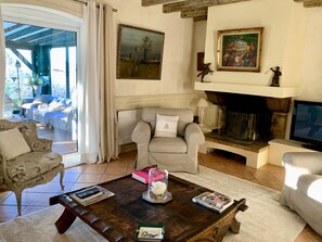 Smart TV, caminetto, libri, studio