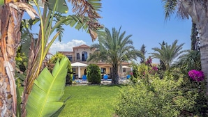Ein Hotel mit Pool, umgeben von üppiger Vegetation und Palmen.