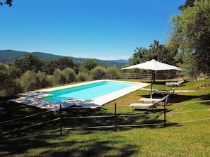 A rectangular swimming pool with a white deck, surrounded by a grassy area with lounge chairs and an umbrella. - Villa Argante - Ecofreindly Pool Villa 18 2 Guest (Buonconvento)