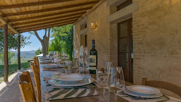 Una larga mesa de comedor al aire libre con vistas al campo.