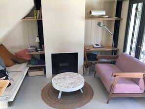 Télévision, cheminée, livres