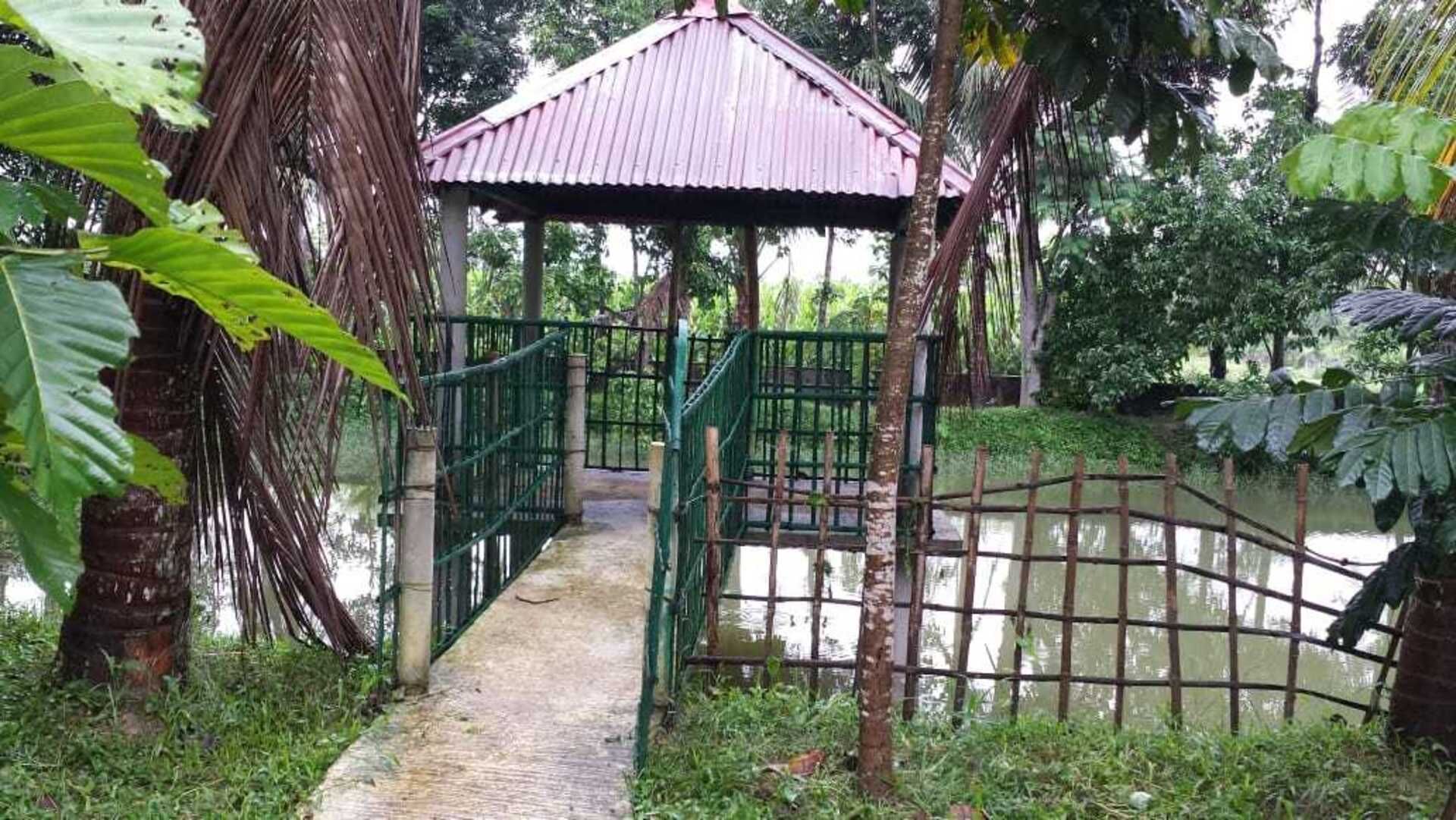 Un pont en bois, abrité, mène à un petit pavillon entouré d’une végétation luxuriante et bordé par un plan d’eau paisible.