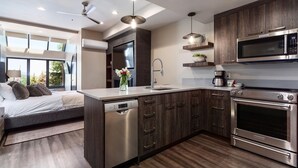 A modern kitchen with a dishwasher, oven, and microwave. - Modern Magic At Park City Base Studio Bedroom Condo by RedAwning (Park City)