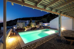 Ein Schwimmbecken mit Steinrand, unter einer Pergola, umgeben von Pflanzen und Beleuchtung.