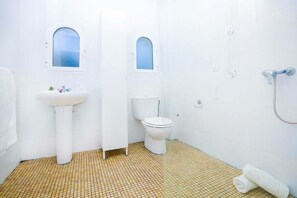 Dusche, Haartrockner, Handtücher, Toilettenpapier