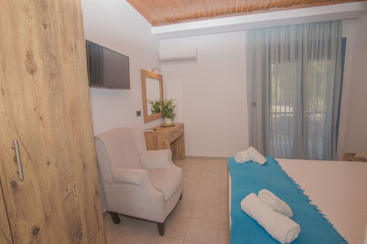 Habitación de hotel con cama, una silla, un escritorio con planta, televisor en la pared y ventana con cortinas.