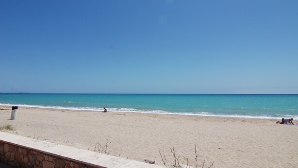 Ein Strand mit einer Steinmauer im Vordergrund und einem klaren, blauen Himmel.