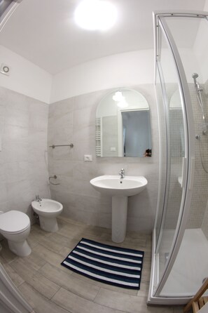 Een douche, een haardroger, een bidet, handdoeken
