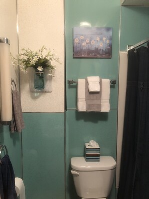 Combined shower/bathtub, towels