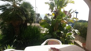 Un patio con una mesa blanca, una silla y diversas plantas, incluyendo una palmera y plantas de plátano.