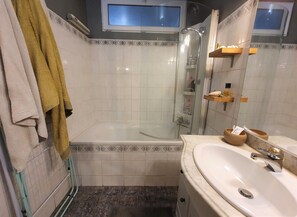 Tina, secadora de cabello, toallas, papel de baño 