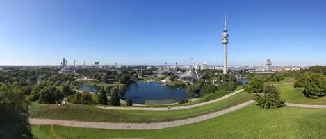 Una vista panorámica de un paisaje urbano con una torre destacada, un lago y zonas verdes circundantes.