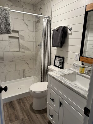 Bathtub, towels, soap, toilet paper